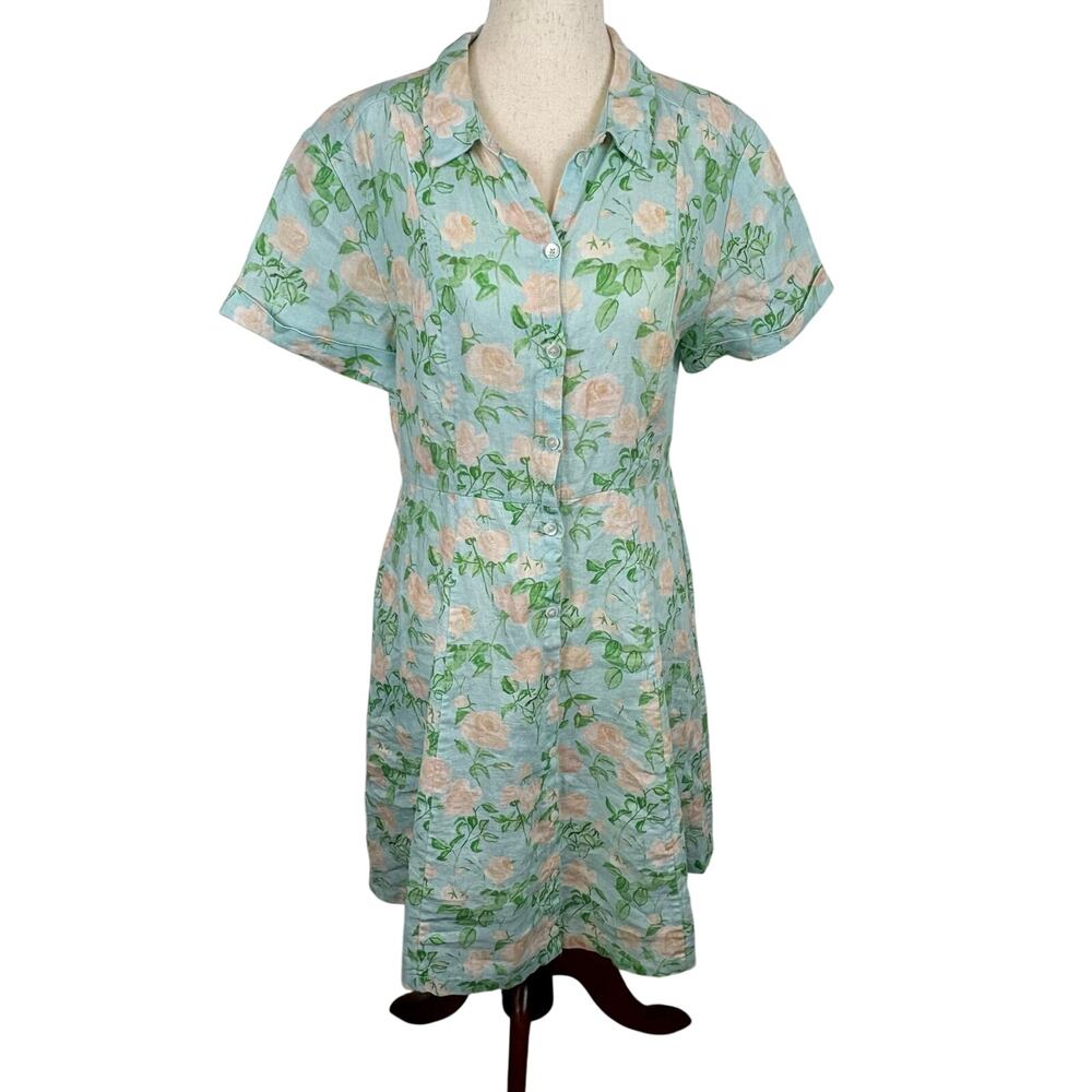 Hill House The Laura Dress Linen Floral Button Up Collared Midi Blue Pockets S